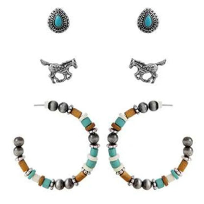 Turquoise stud, beaded hoop and horse earring set