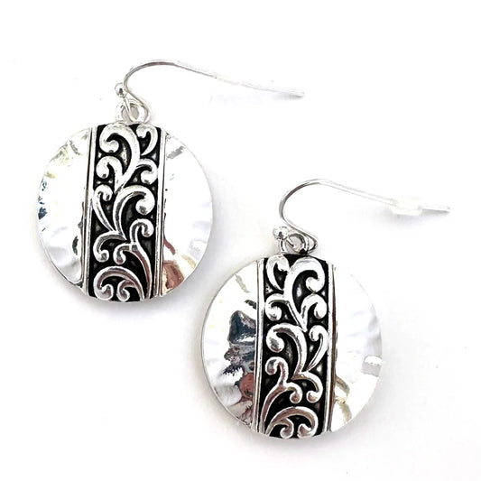 Silver Circle Earrings  with Vine Engraving