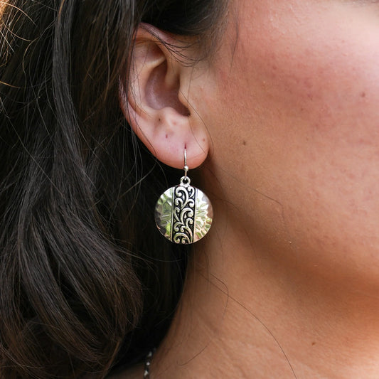 Silver Circle Earrings  with Vine Engraving