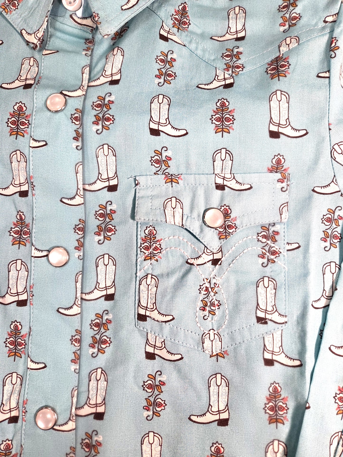Girls Turquoise Boot Print Snap Shirt