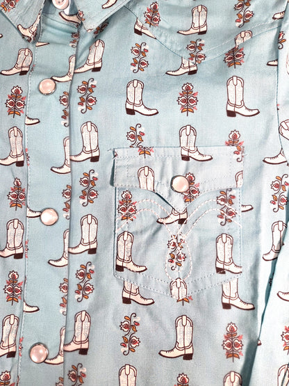Girls Turquoise Boot Print Snap Shirt