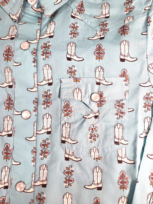 Girls Turquoise Boot Print Snap Shirt