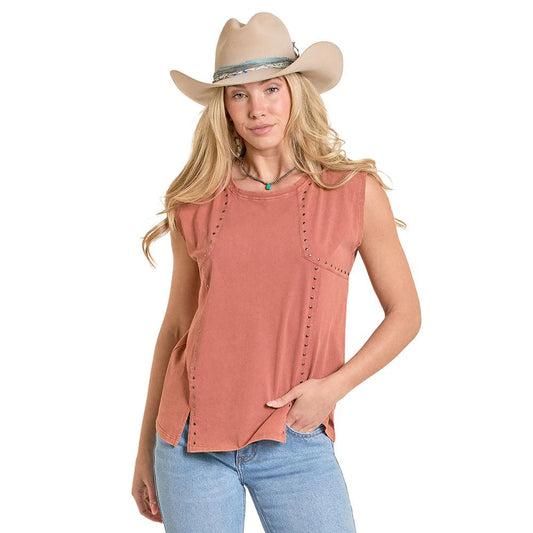 Sleeveless Studded Rust Cotton Tee