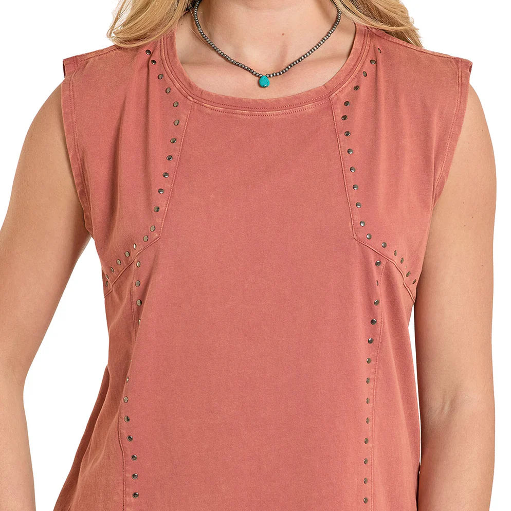 Sleeveless Studded Rust Cotton Tee
