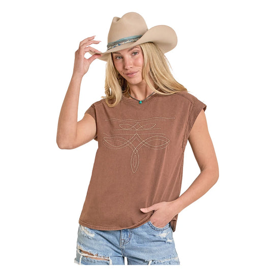 Womens Bootstitched Embroidery Rust Jersey Tee