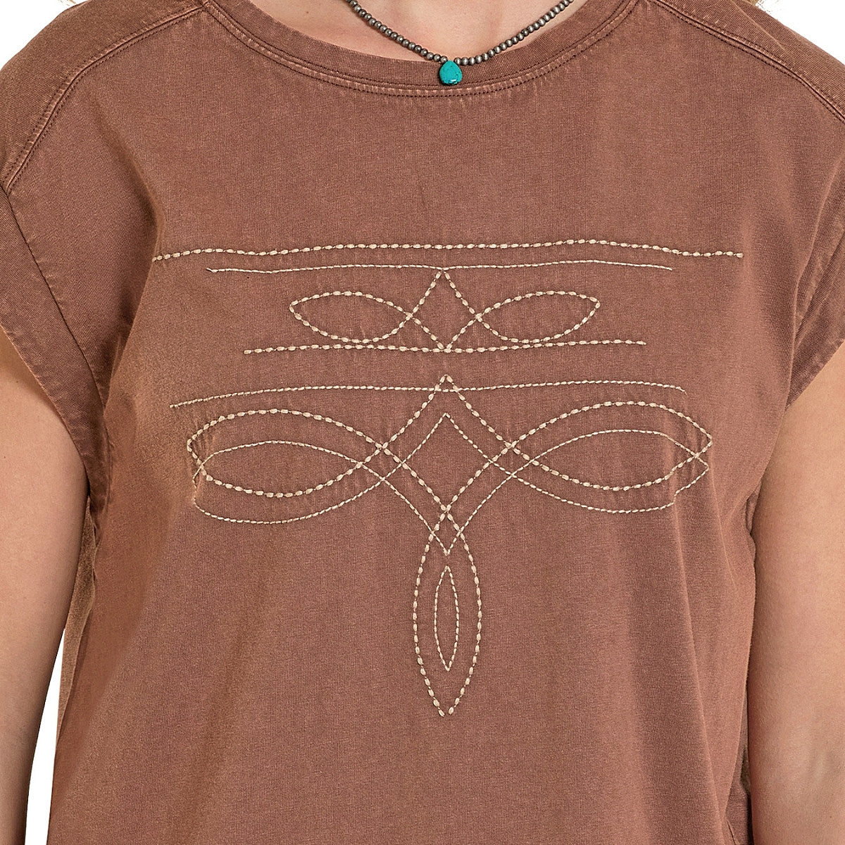 Womens Bootstitched Embroidery Rust Jersey Tee