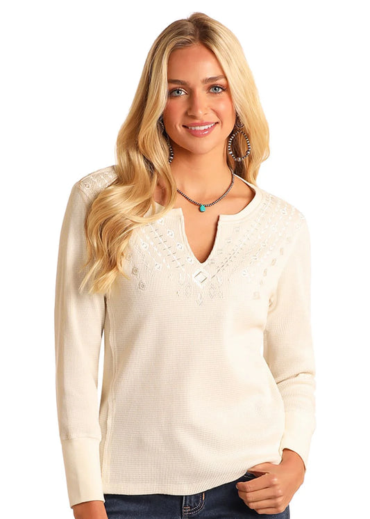 Waffle Weave Embroidered Cream Top