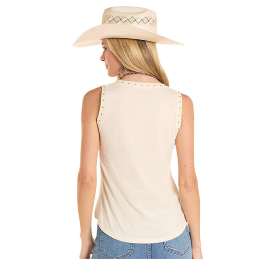 Womens Cream Panhandle Steer Head Studded Tank