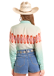 Ladies Panhandle Slim Blue/Burgundy Border Print Button Shirt