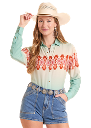 Ladies Panhandle Slim Blue/Burgundy Border Print Button Shirt