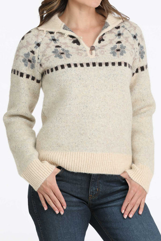 Womens Cream/blue/brown Patterned Yoke Mock Neck Sweater