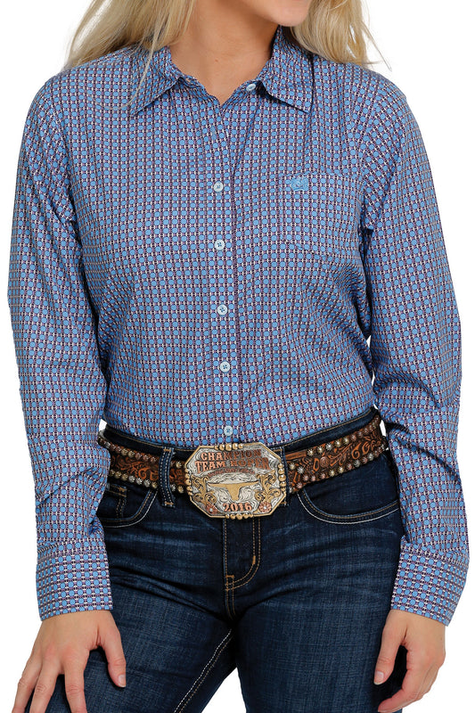 Womens Blue Print Cinch Shirt