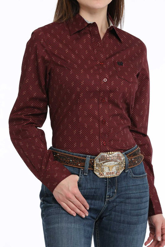 Womens Cinch Burgundy Print Shirt
