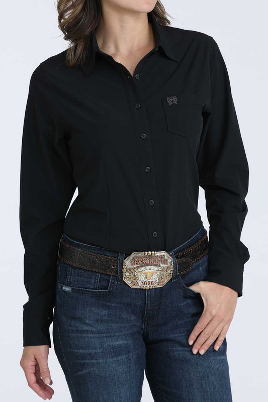 Womens Cinch Arenaflex Black Long-Sleeve Button Closure