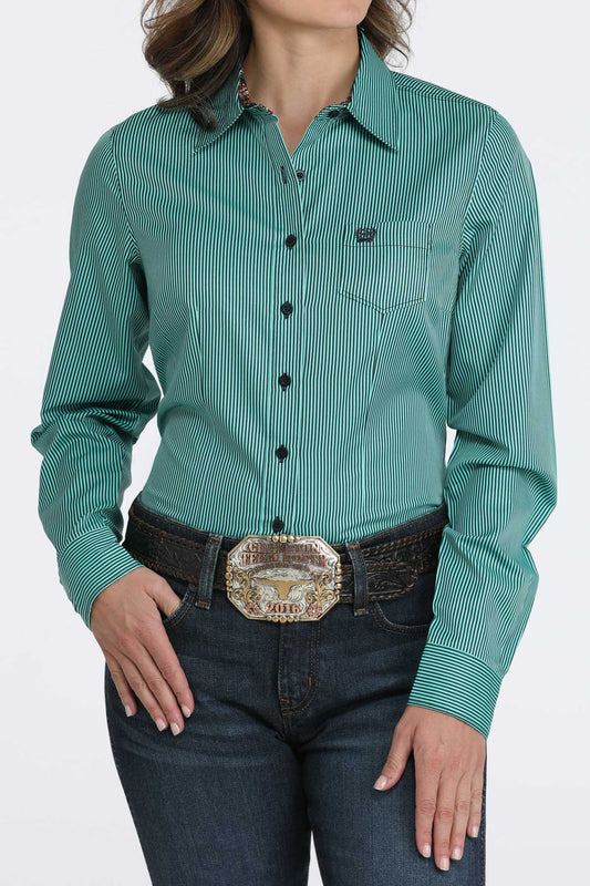 Cinch Womens Turquoise/Navy Stripe Tencel Button Shirt