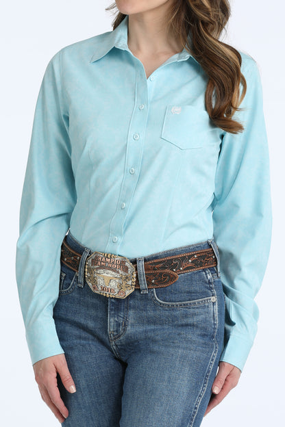 Womens Cinch Arenaflex Tonal Light Blue Paisley Long Sleeve Shirt