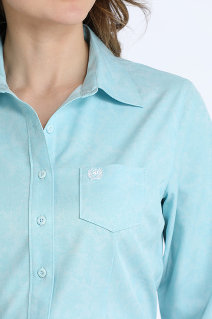 Womens Cinch Arenaflex Tonal Light Blue Paisley Long Sleeve Shirt