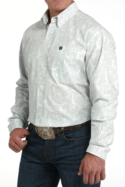 Mens Cinch Classic Fit Gray on White Paisley Print Shirt