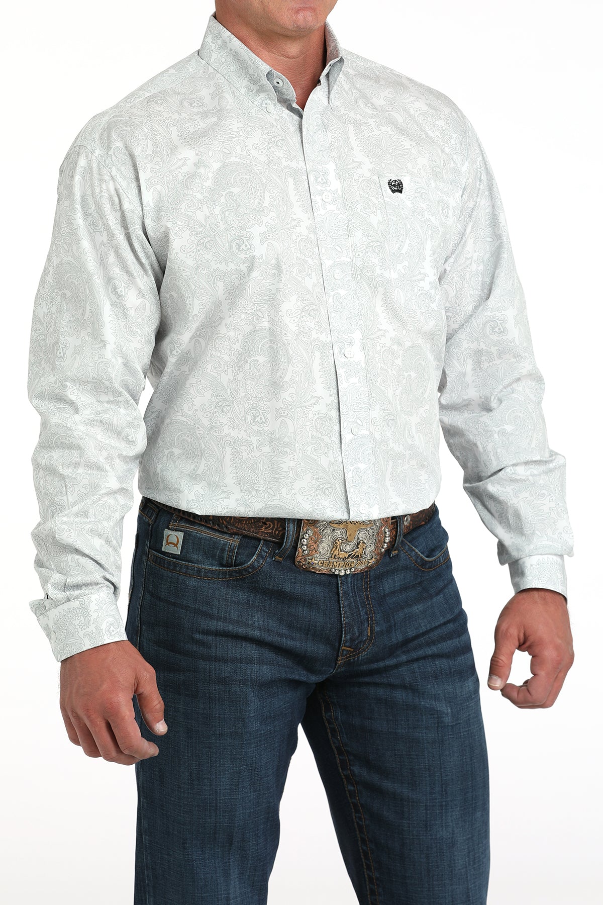 Mens Cinch Classic Fit Gray on White Paisley Print Shirt