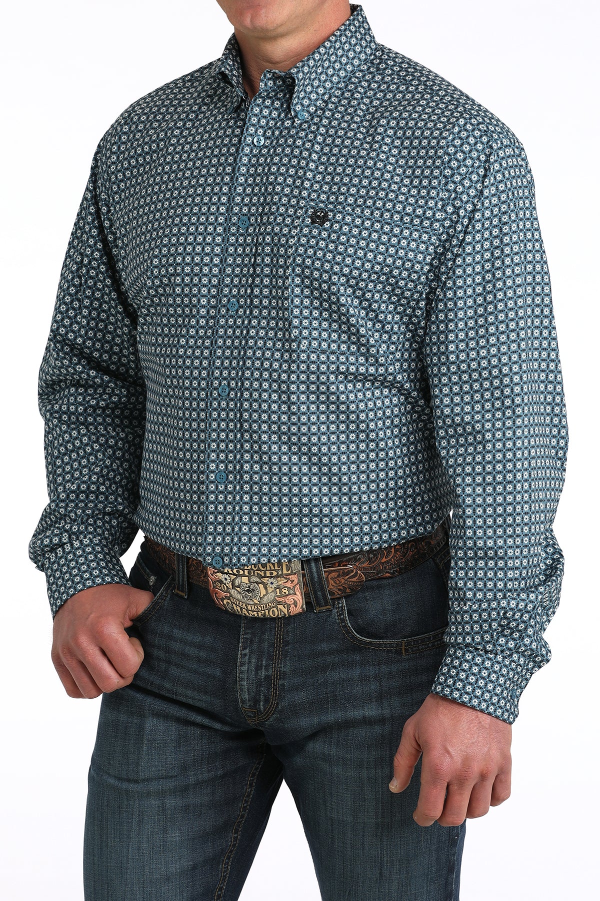 Cinch Mens Teal/White/Black Geometric Print Shirt