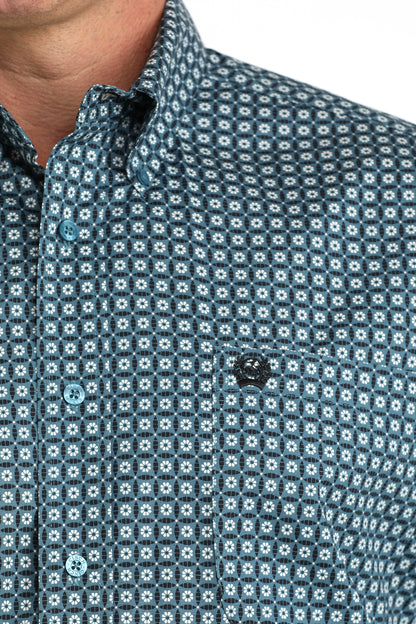 Cinch Mens Teal/White/Black Geometric Print Shirt