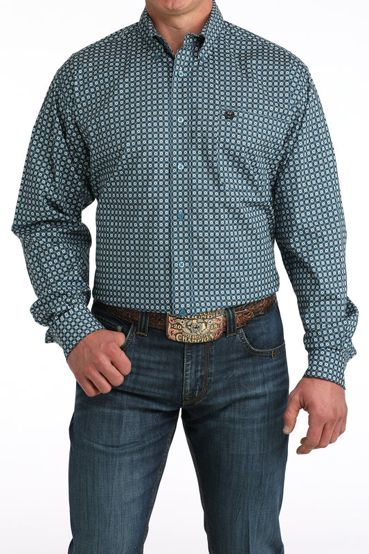 Cinch Mens Teal/White/Black Geometric Print Shirt