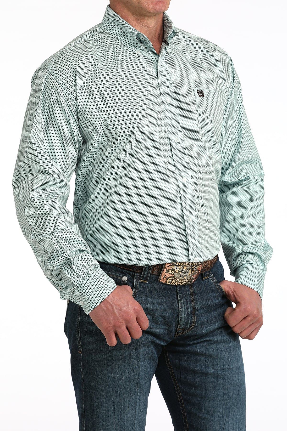 Mens Cinch Light Blue/Green Long Sleeved Button Shirt