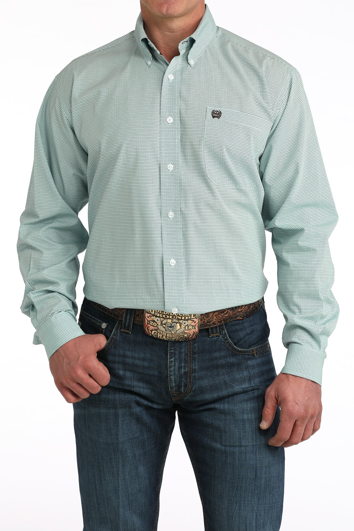 Mens Cinch Light Blue/Green Long Sleeved Button Shirt
