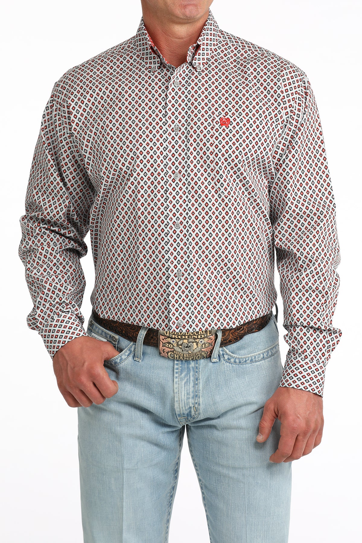 Cinch Mens Classic Fit Orange/Black/Grey Geometric Print Shirt