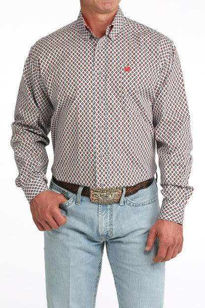 Cinch Mens Classic Fit Orange/Black/Grey Geometric Print Shirt