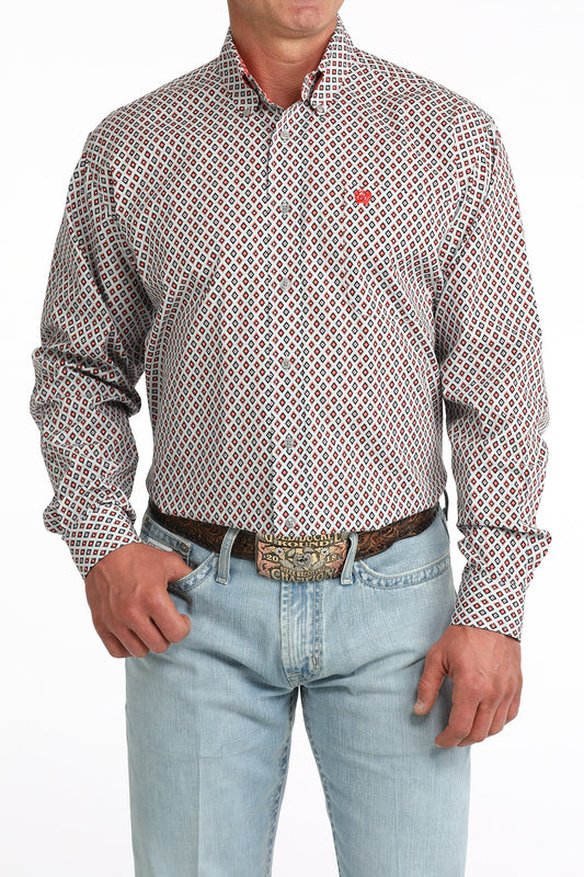 Cinch Mens Classic Fit Orange/Black/Grey Geometric Print Shirt