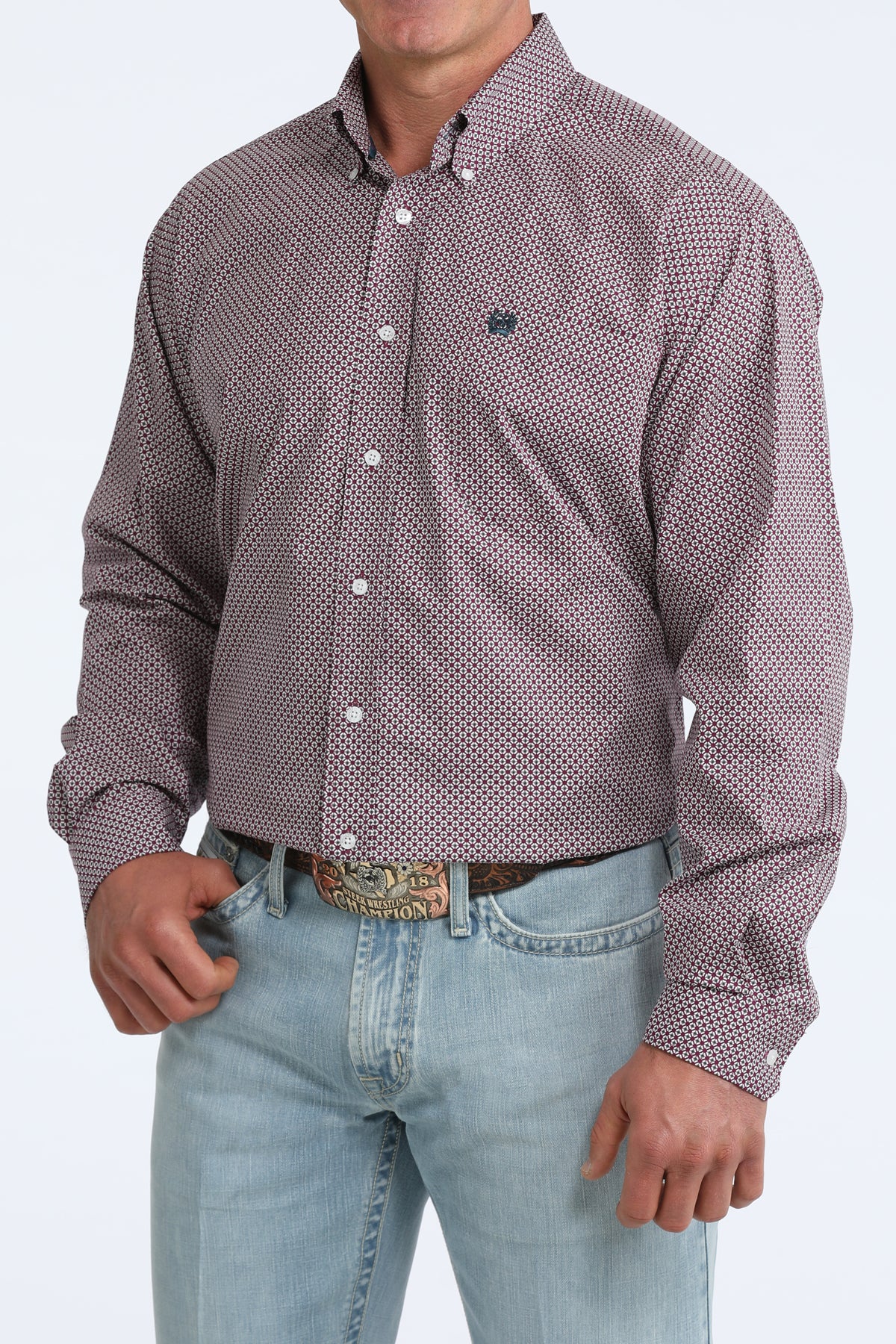 Mens Cinch Classic Fit Burgundy/Gray Print Shirt