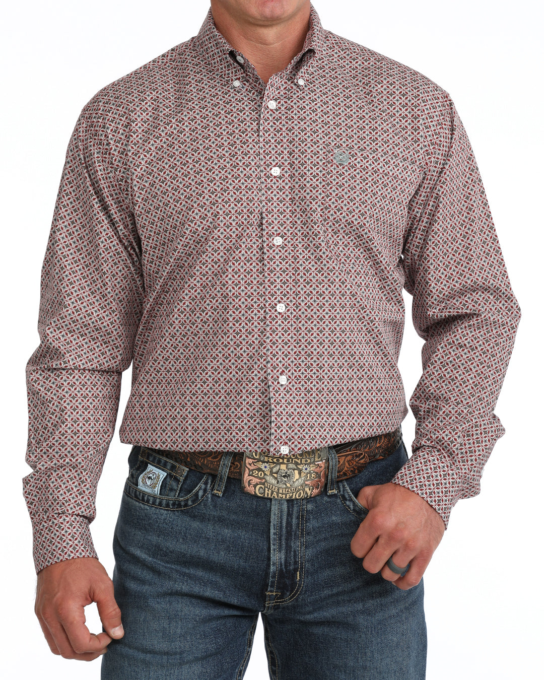 Cinch Mens Red/Grey Classic Fit Red/Grey Print Long Sleeve Buttondown Shirt