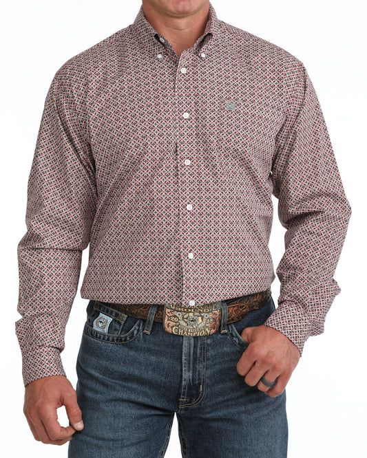 Cinch Mens Red/Grey Classic Fit Red/Grey Print Long Sleeve Buttondown Shirt