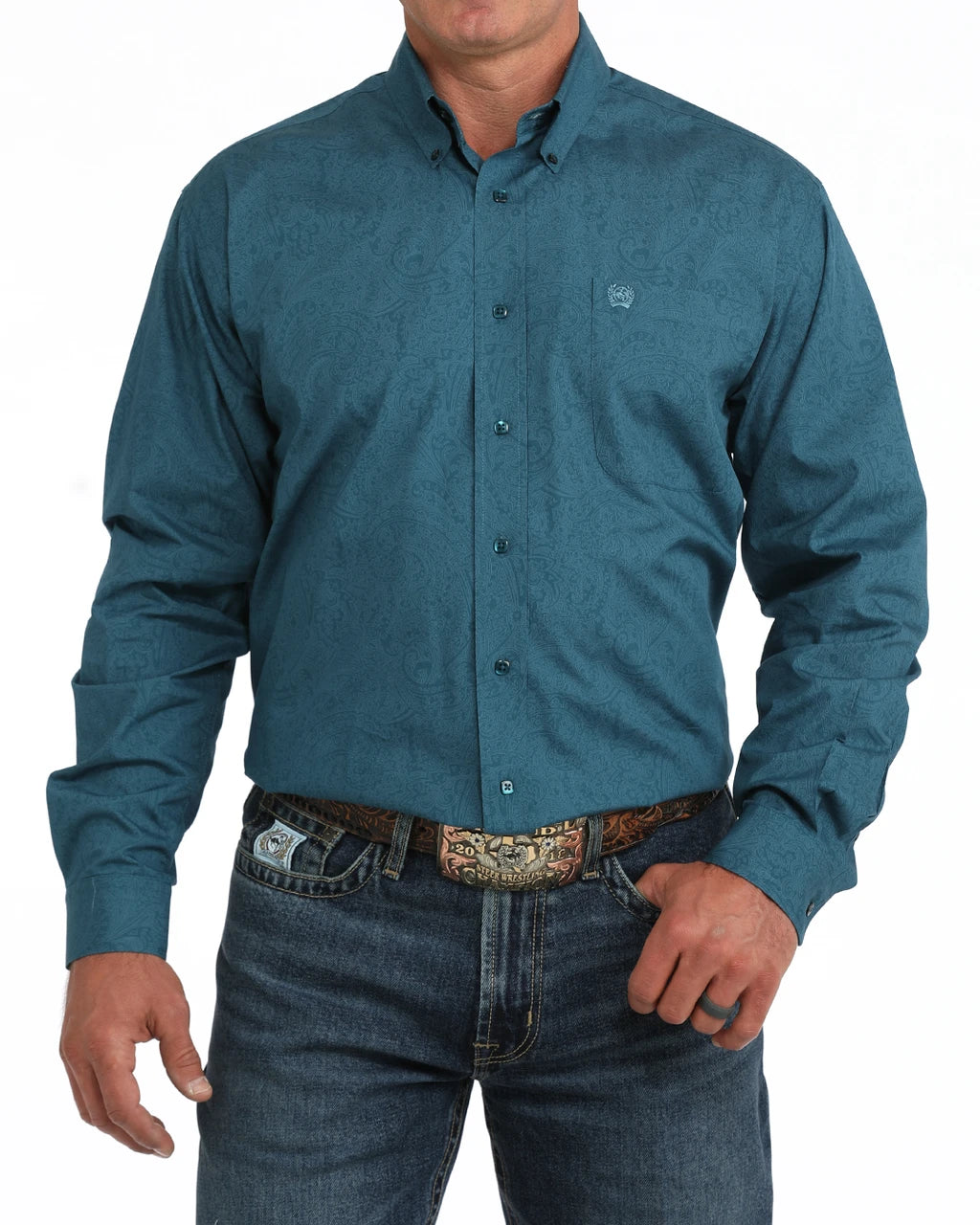 Mens Cinch Classic Fit Buttondown Teal Tone-on-Tone Paisley Shirt