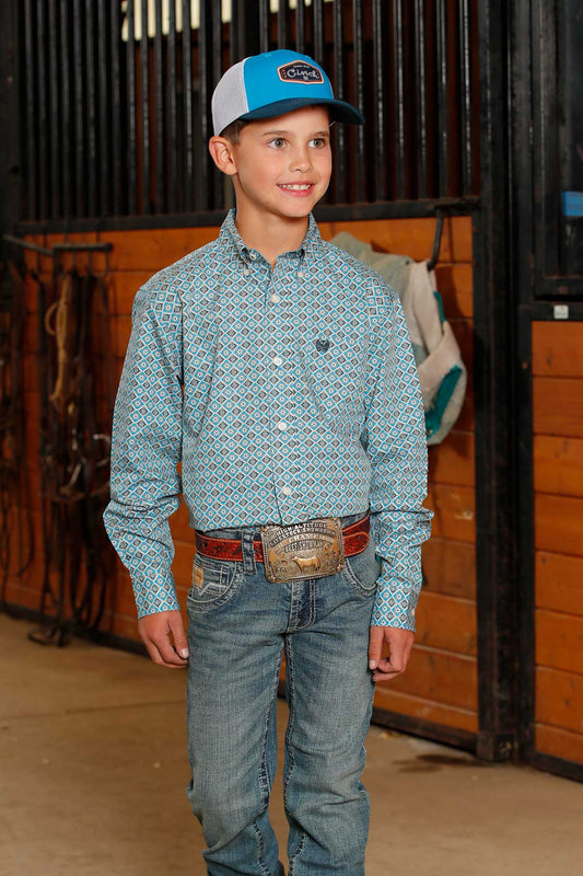 Cinch Boys Match Dad Turquoise Print Buttondown Shirt