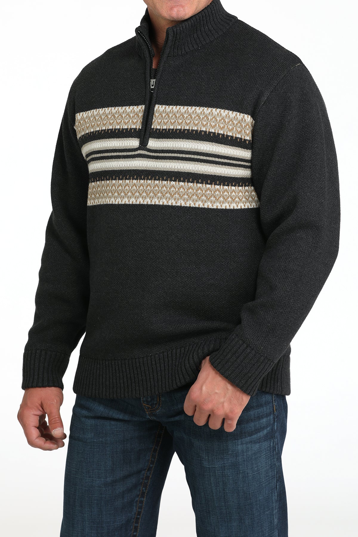 Mens Cinch Charcoal Striped Quarter Zip Sweater