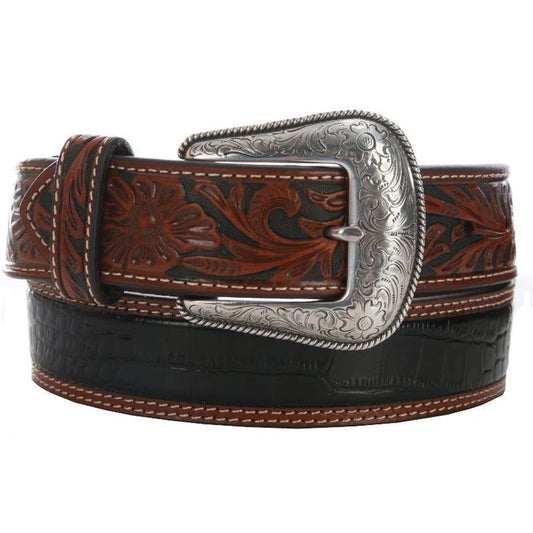 Mens Nocona Black Croc Belt with Brown tooled overlay tabs