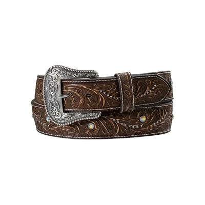 Womens Brown Floral Embossed Belt with studding and crystals