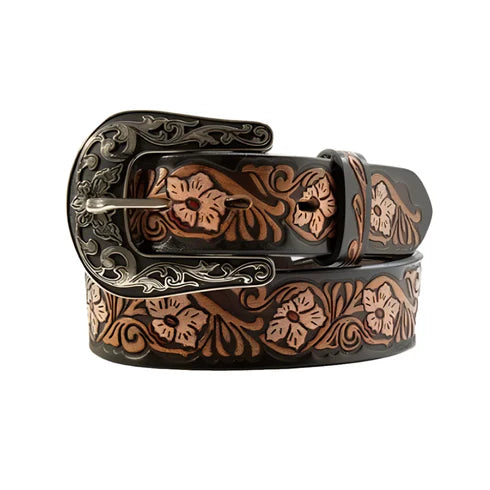 Girls Brown Embossed Leather Belt with Painted Flowers