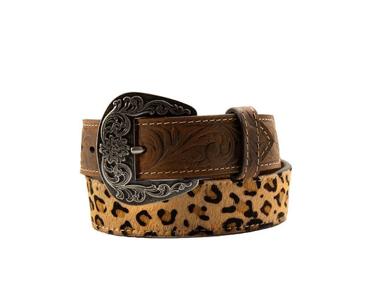 Girls Cheetah Print Belt with Floral Embossed Tabs