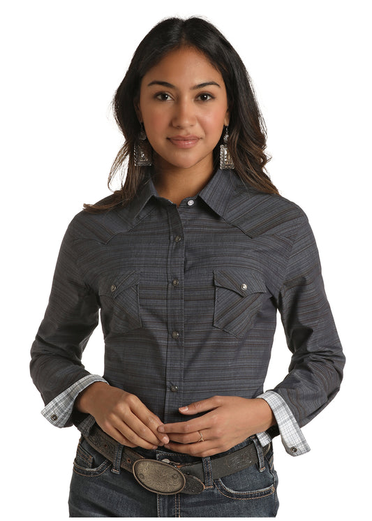 Navy Blue Striped Snap Shirt