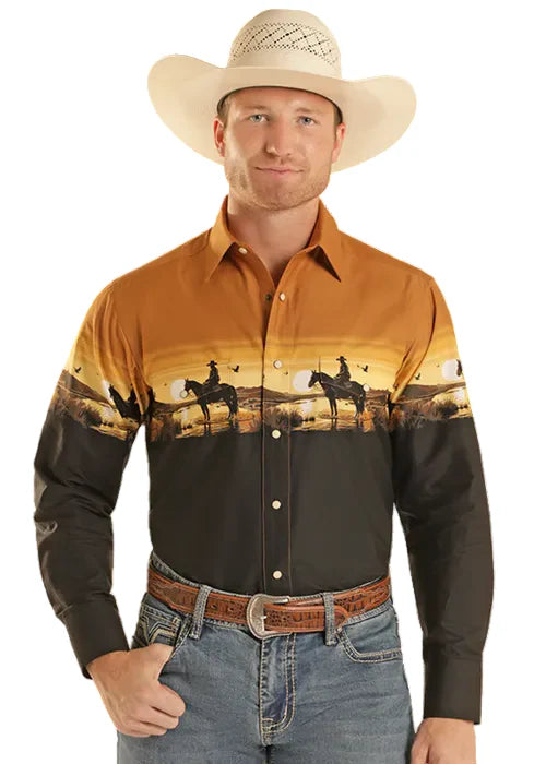 Mens Panhandle Brown/Black Border Print Snap