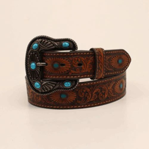 Womens Floral Embossed Brown Belt with Turquoise stones