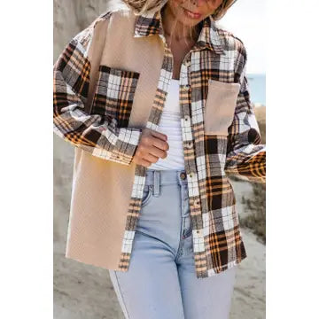 Color Block Plaid and Waffle Weave Mixed Media Shacket