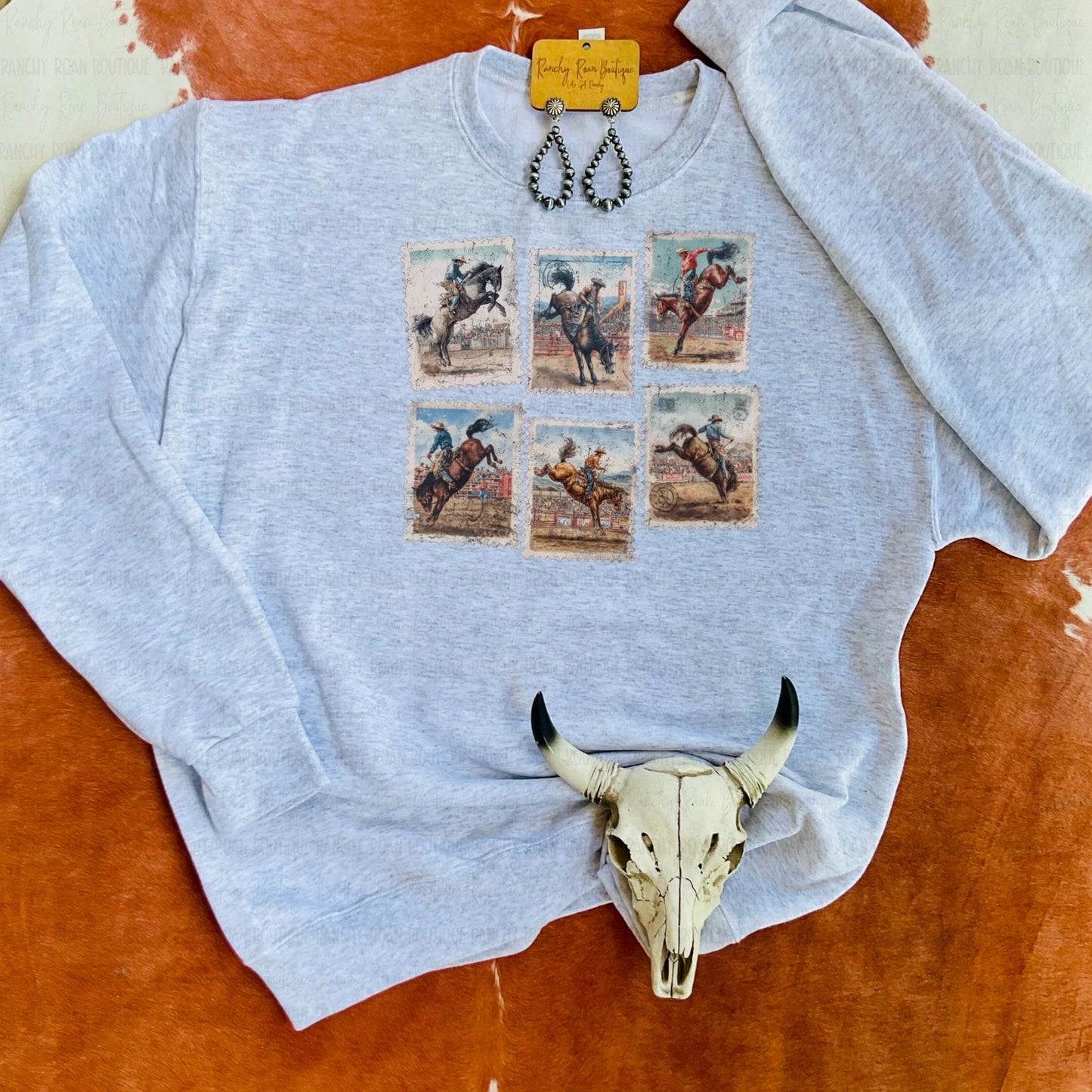 Vintage Bucking Bronc Rodeo Stamp Collection Crew Neck Sweatshirt