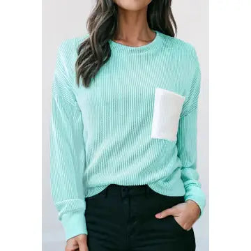 Turquoise Contrast Pocket Ribbed Knit Shirt
